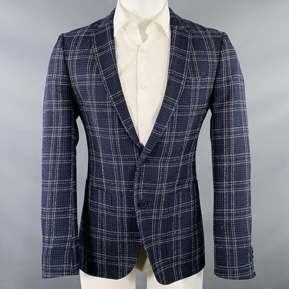 HUGO BOSS Size 40 Navy White Plaid Virgin Wool Blend Sport Coat - Picture 1 of 10